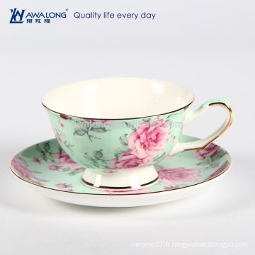 240ml Peony Painting Extravagant Green Fine Ceramic Bone Chine Ensemble de coupe de café et de soucoupe